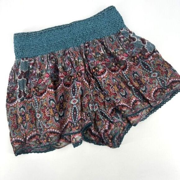 Aqua hi rise bohemian print elastic waist boho Gypsy shorts teal small - Picture 1 of 6
